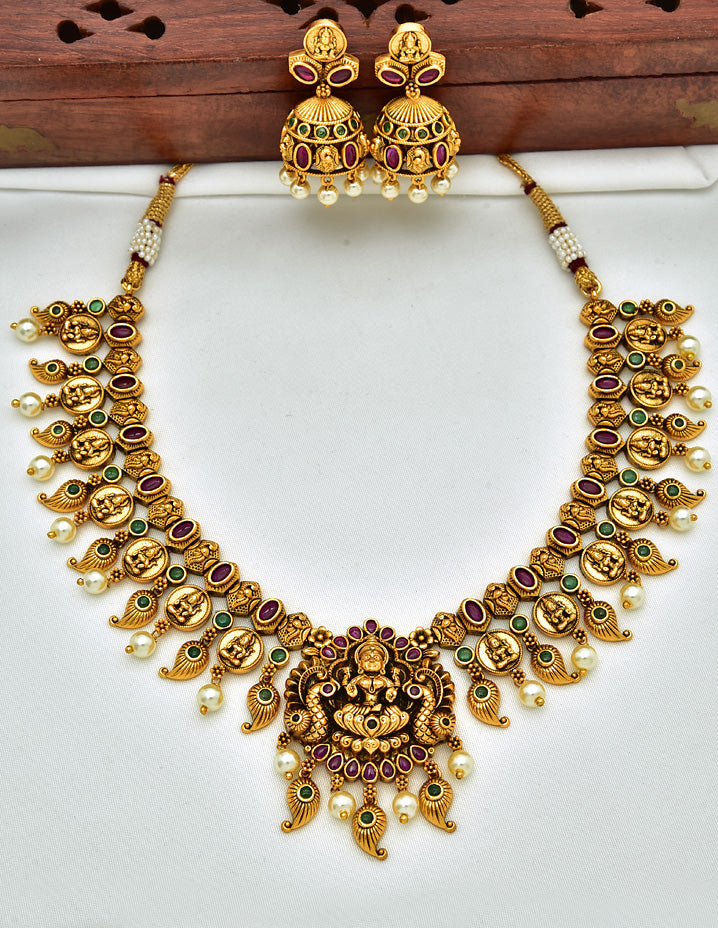 Antique Lakshmi Devi Design Kempu Necklace Set