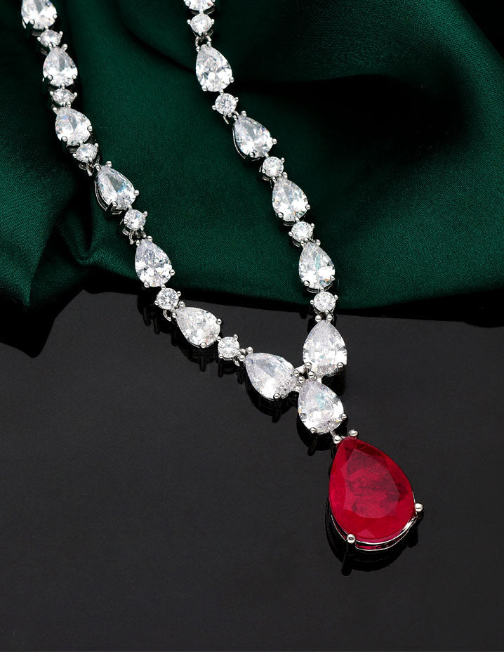 Rhodium Polish Rani Pink Zirconia Necklace Set