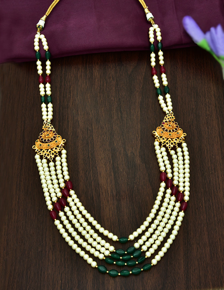 2 Side Kempu Locket with 5 layered Pearl Chain