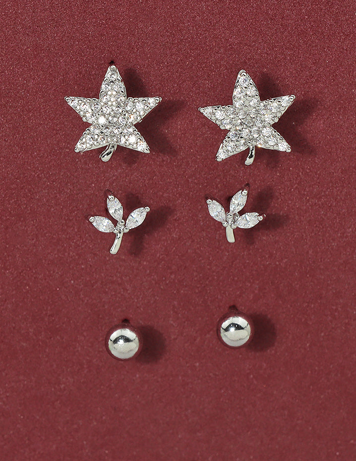 Designer Leaf shaped Sparkle Trio Set Stud Earrings