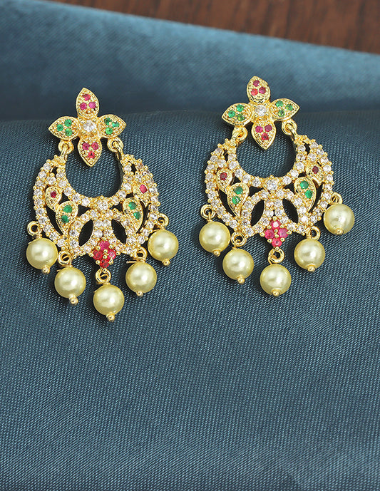 Designer Zirconia Gold Floral Elegance Chandbali Earrings