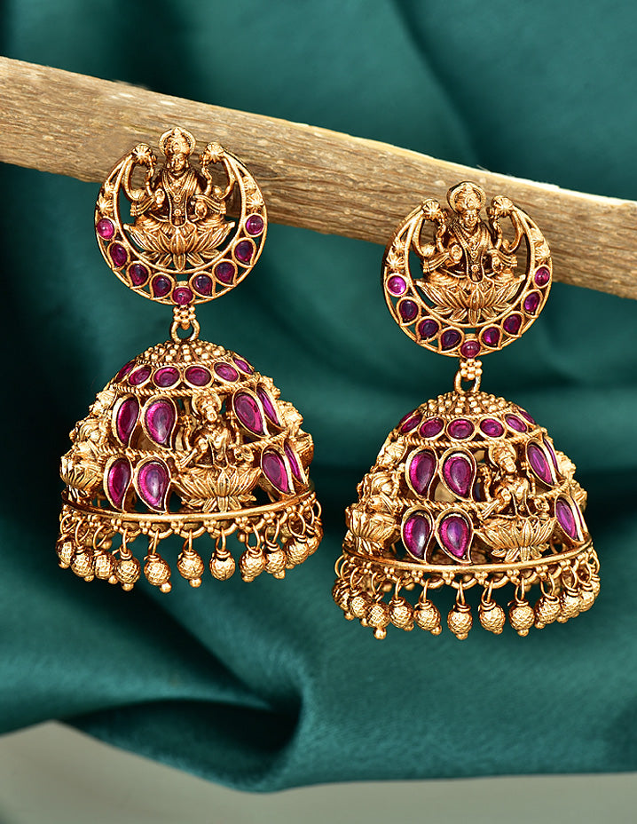 Designer Antique Kempu Jhumka Earrings