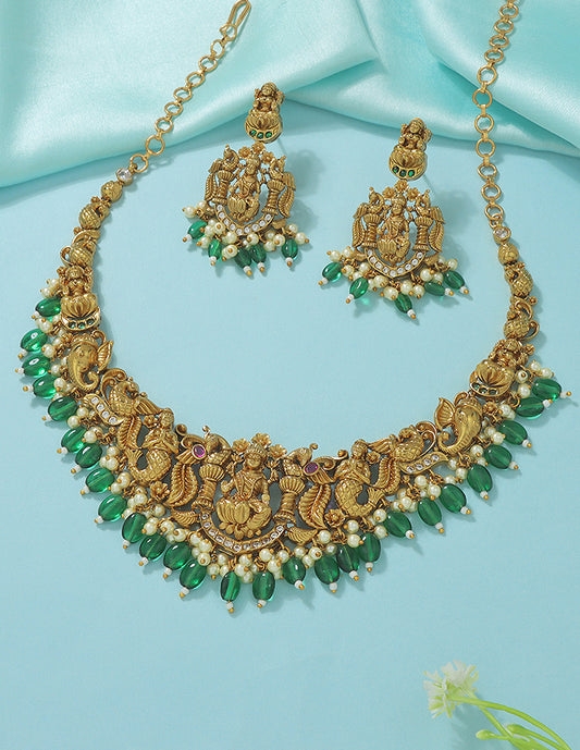 Designer Zirconia Royal Eemerald Beads Necklace Set