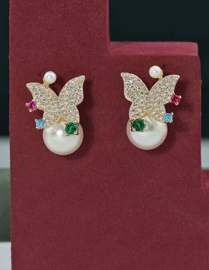 Designer Zirconia Butterfly Pearl Stud Earrings