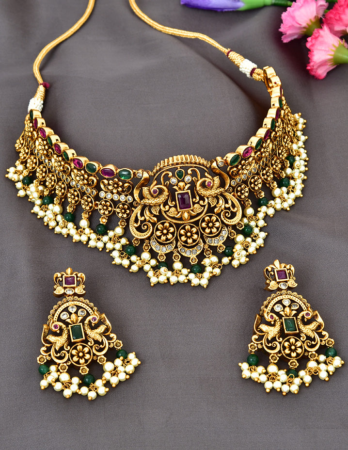 Antique Peacock Design Kempu Choker Set