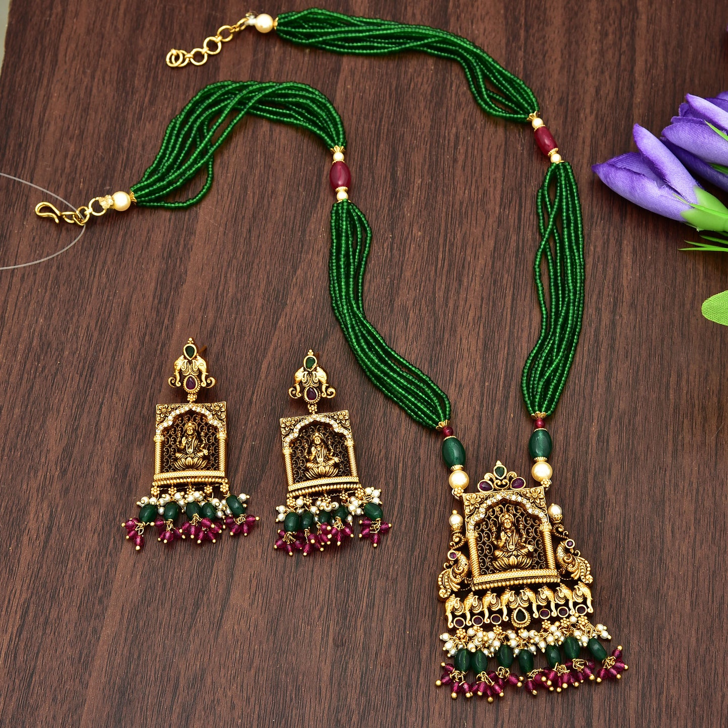 Temple Lakshmi devi Multilayered Crystals Chain Pendant