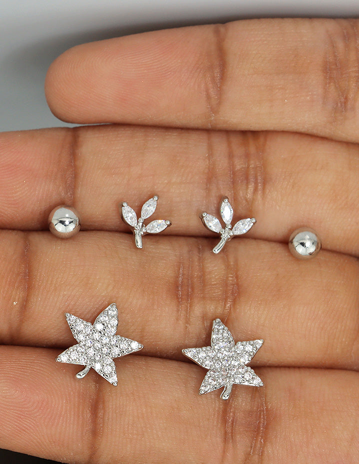 Designer Leaf shaped Sparkle Trio Set Stud Earrings