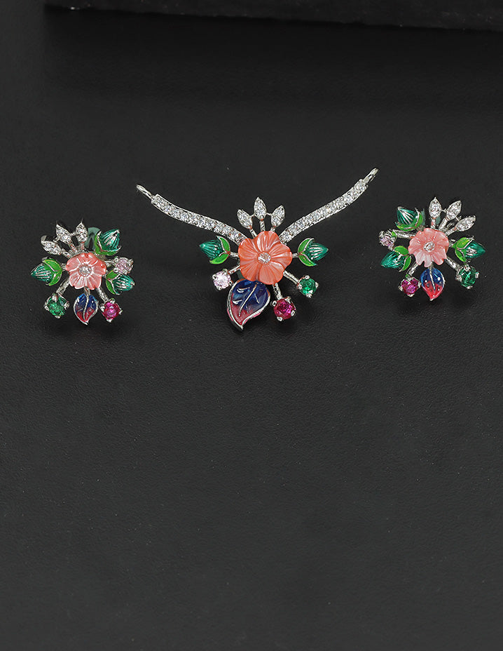 Designer Zirconia Rhodium Enchanted Blossom Pendant Set