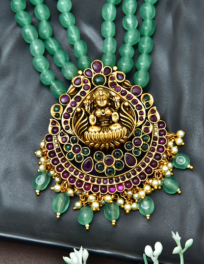 Lakshmi Pendant with 3 Layered Green Beads Long Haaram