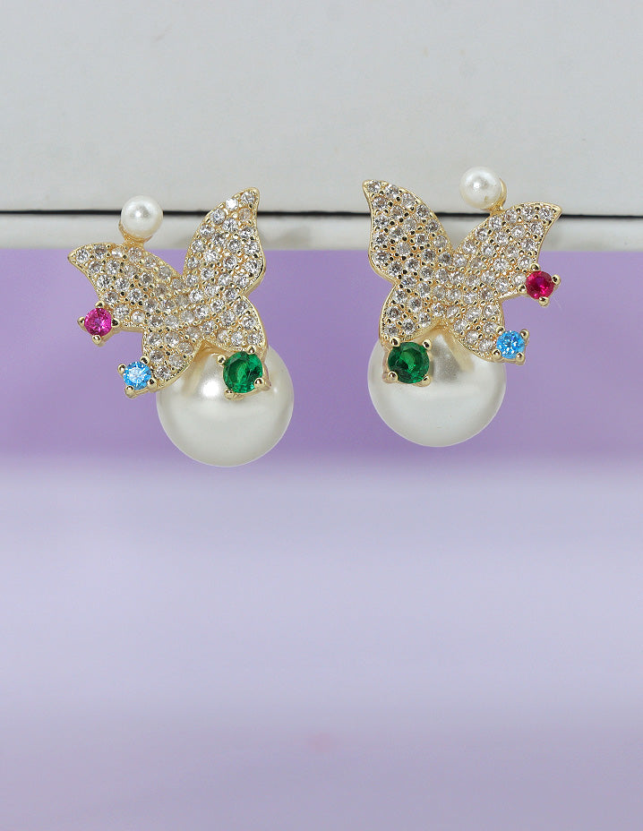 Designer Zirconia Butterfly Pearl Stud Earrings