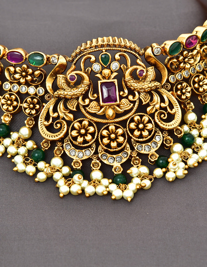 Antique Peacock Design Kempu Choker Set