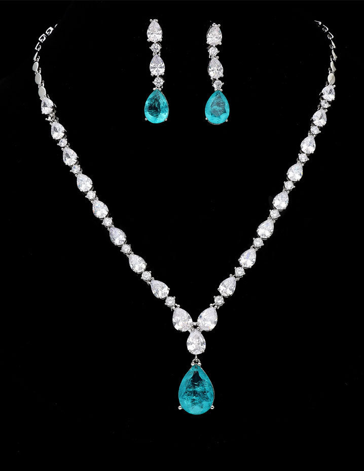 Rhodium Polish Sea green Stone Zirconia Necklace Set