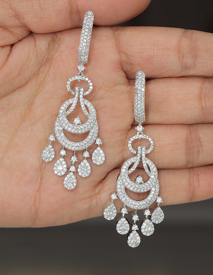 Designer Zirconia Rhodium Radiant Drop Earrings
