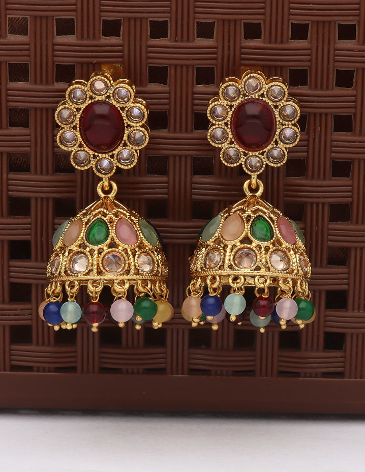 Designer Multicolor Gold Polish Fancy Jhumka Earrings