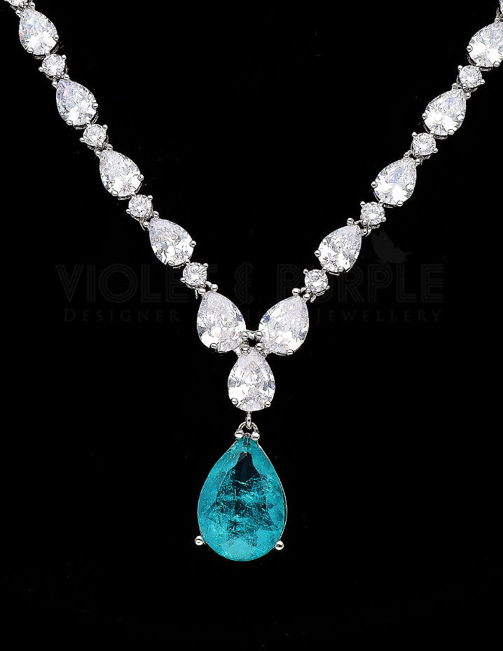 Rhodium Polish Sea green Stone Zirconia Necklace Set