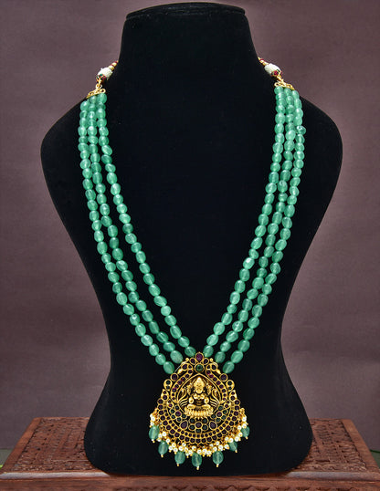 Lakshmi Pendant with 3 Layered Green Beads Long Haaram