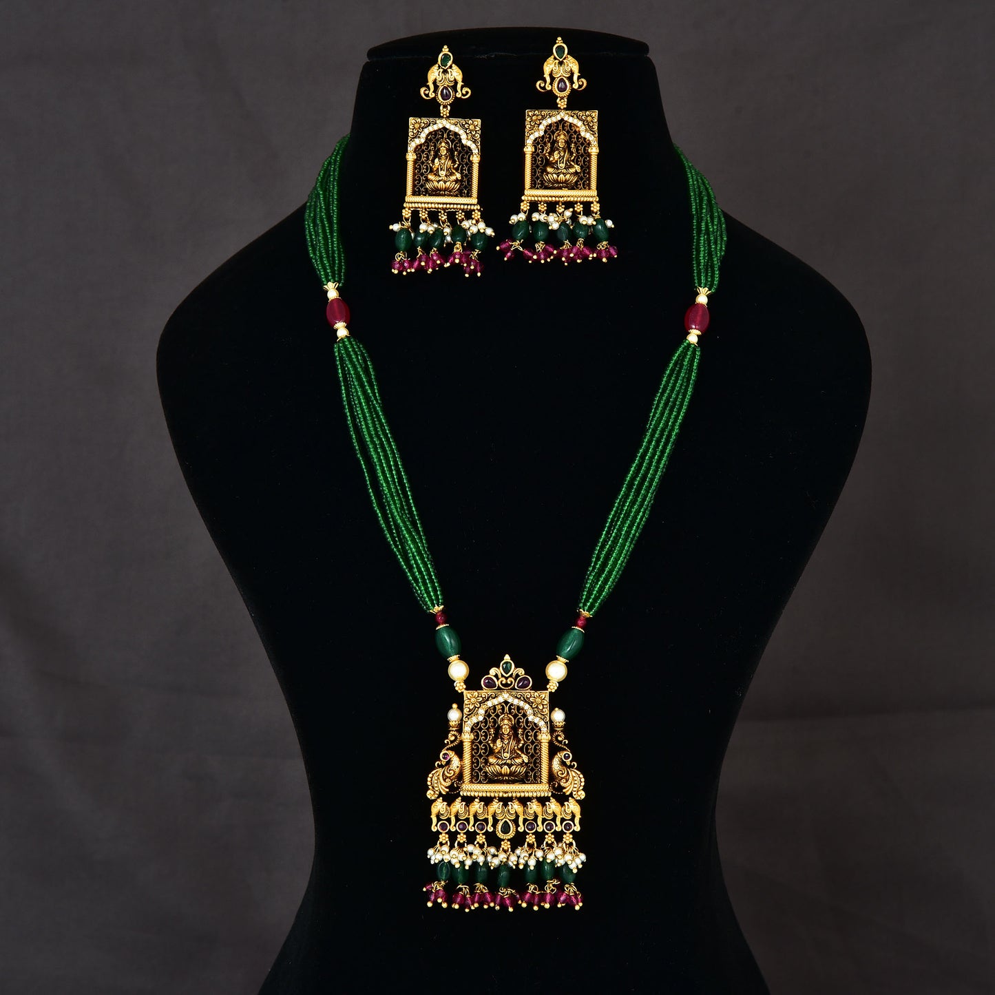 Temple Lakshmi devi Multilayered Crystals Chain Pendant
