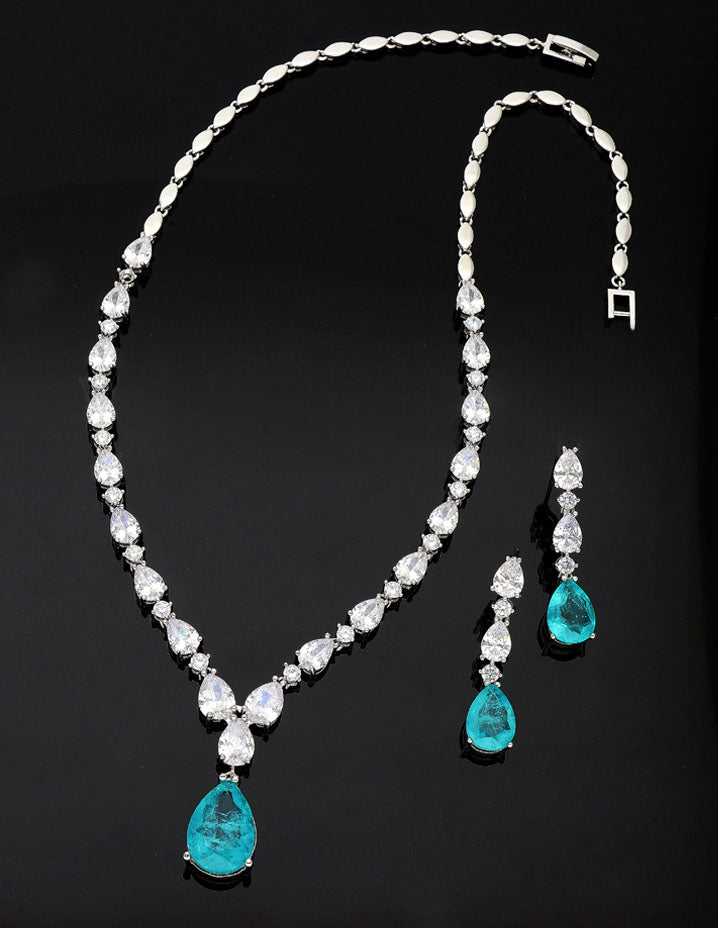 Rhodium Polish Sea green Stone Zirconia Necklace Set