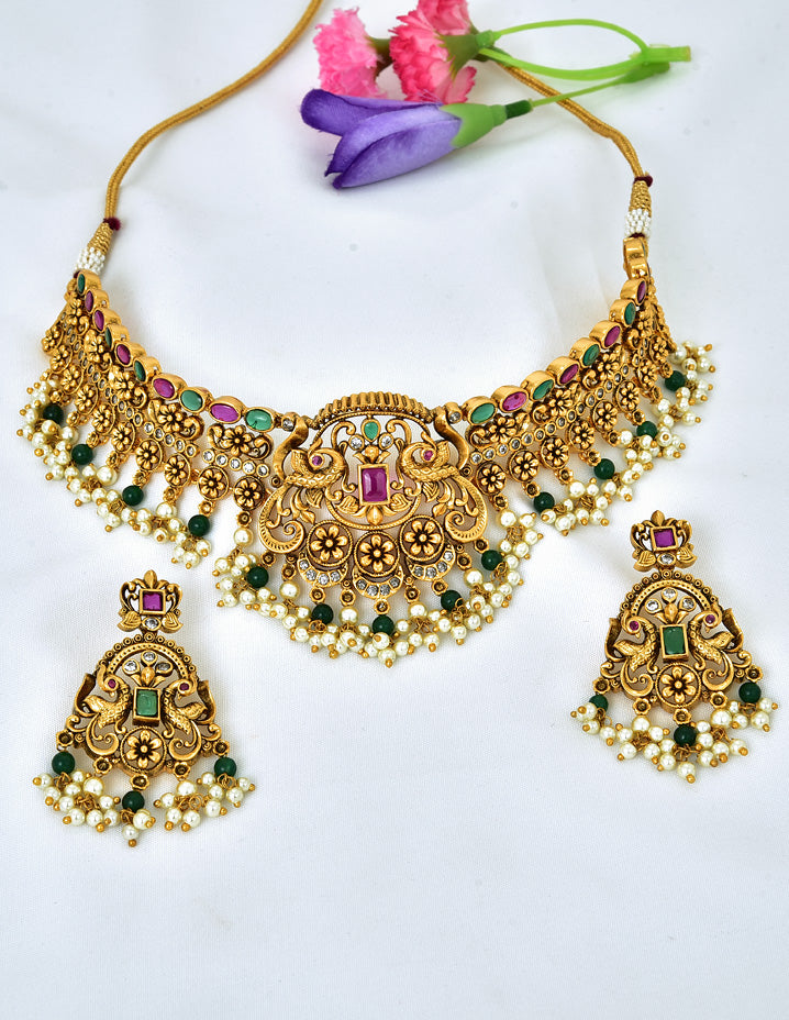 Antique Peacock Design Kempu Choker Set