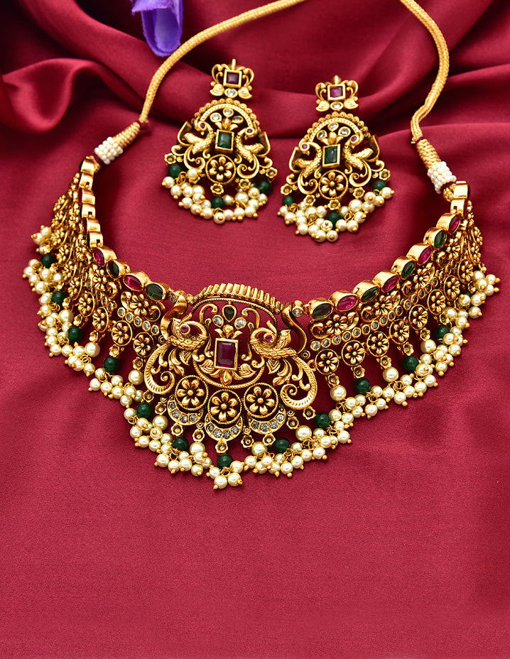 Antique Peacock Design Kempu Choker Set