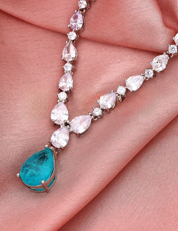 Rhodium Polish Sea green Stone Zirconia Necklace Set