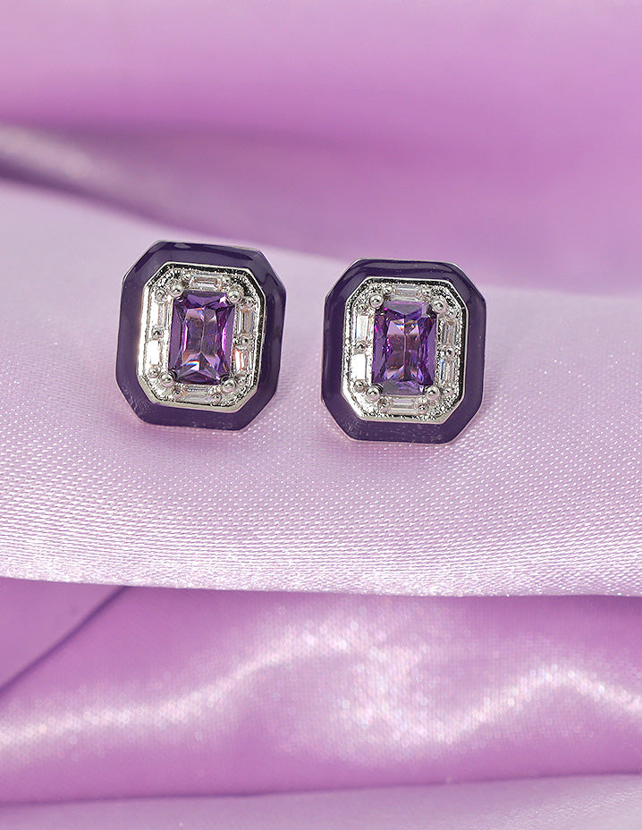 Designer Black Frame Amethyst Crystal Stud Earrings