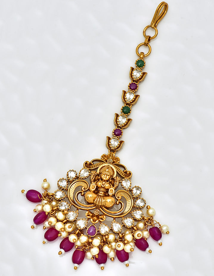 Antique Zirconia Stone Maang Tikka With Ruby Beads