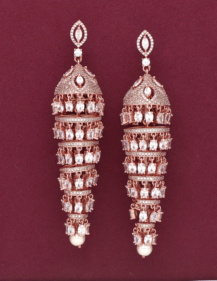 Zirconia Designer Multilayer Rose Gold Jhumka Earrings