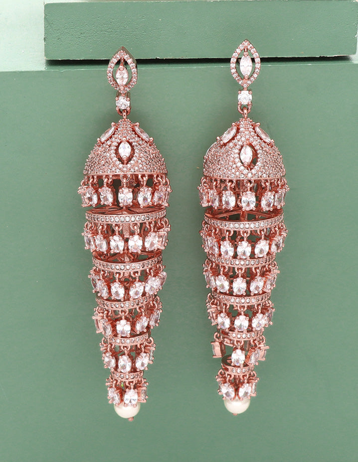 Zirconia Designer Multilayer Rose Gold Jhumka Earrings