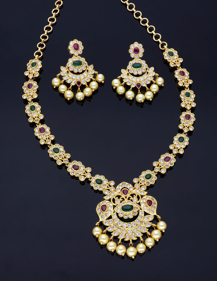 Zircon Gold Polish Ruby and Emerald Stone Necklace Set