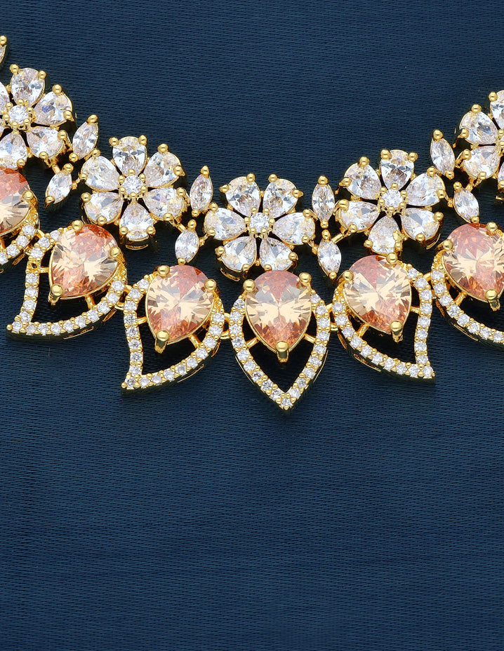 Zirconia Champagne Color Two Layered Designer Necklace Set