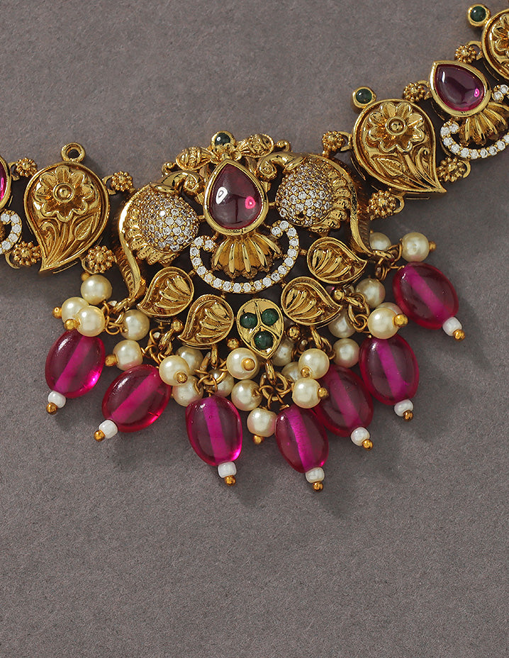 Designer Floral Emerald Matt Kempu Necklace Set