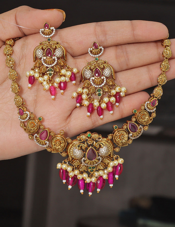 Designer Floral Emerald Matt Kempu Necklace Set