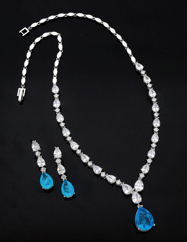 Rhodium Polish Sky blue Stone Zirconia Necklace Set