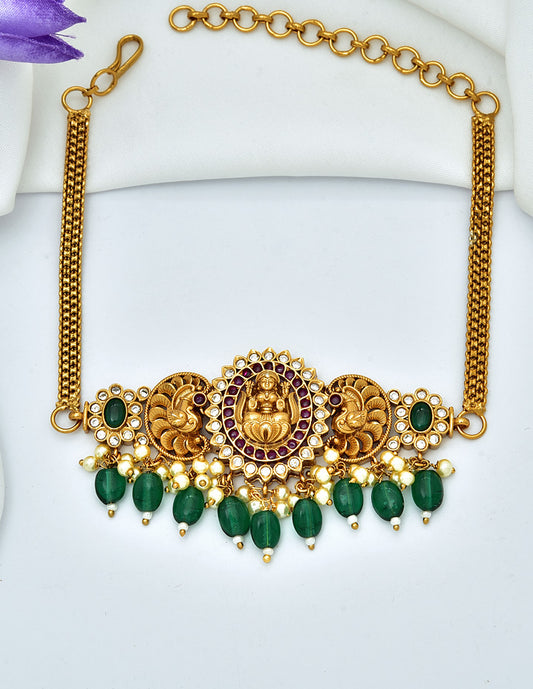 Antique Zirconia Chain Bajuband With Green Beads