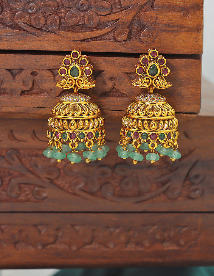 Designer Kempu Ruby and Emerald Jhumka Earrings