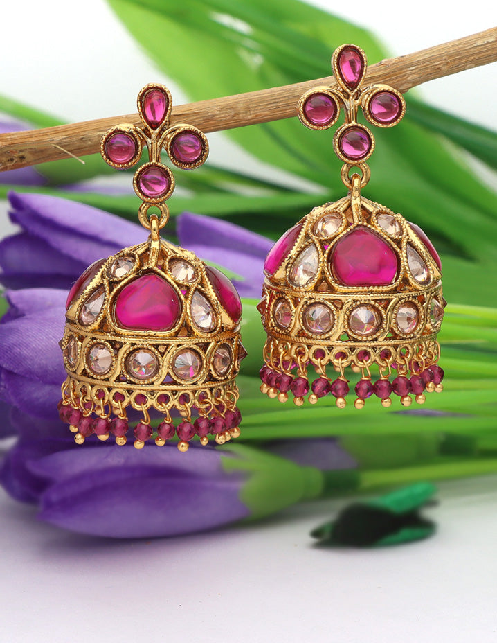 Gold Polish Designer Maroon Color Jhumka Earrings