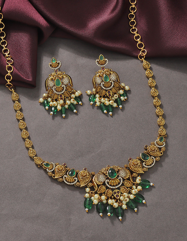 Designer Floral Emerald Matt Kempu Necklace Set