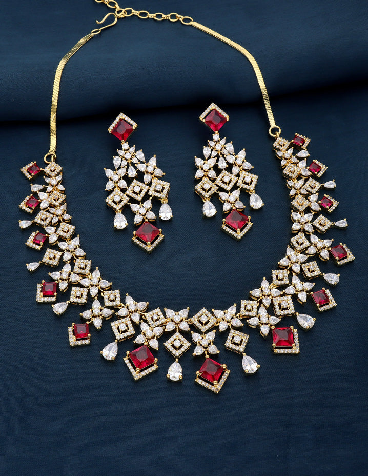 Gold Polish Zirconia Ruby Necklace Set