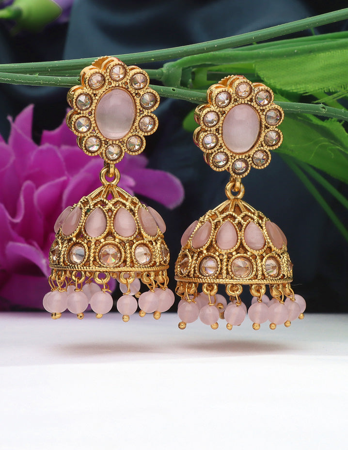 Designer Gold Polish Baby Pink Color Fancy Jhumka Earrings