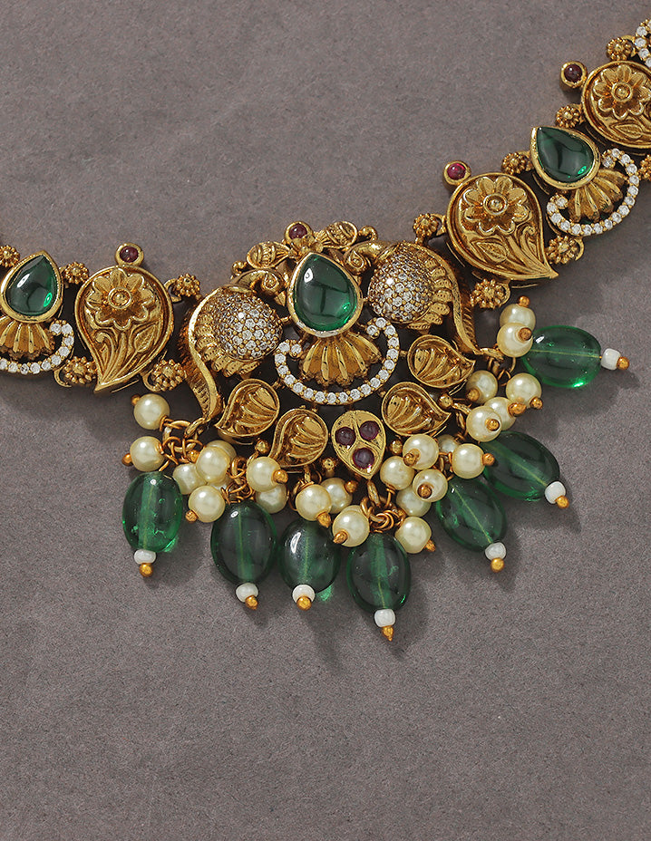Designer Floral Emerald Matt Kempu Necklace Set