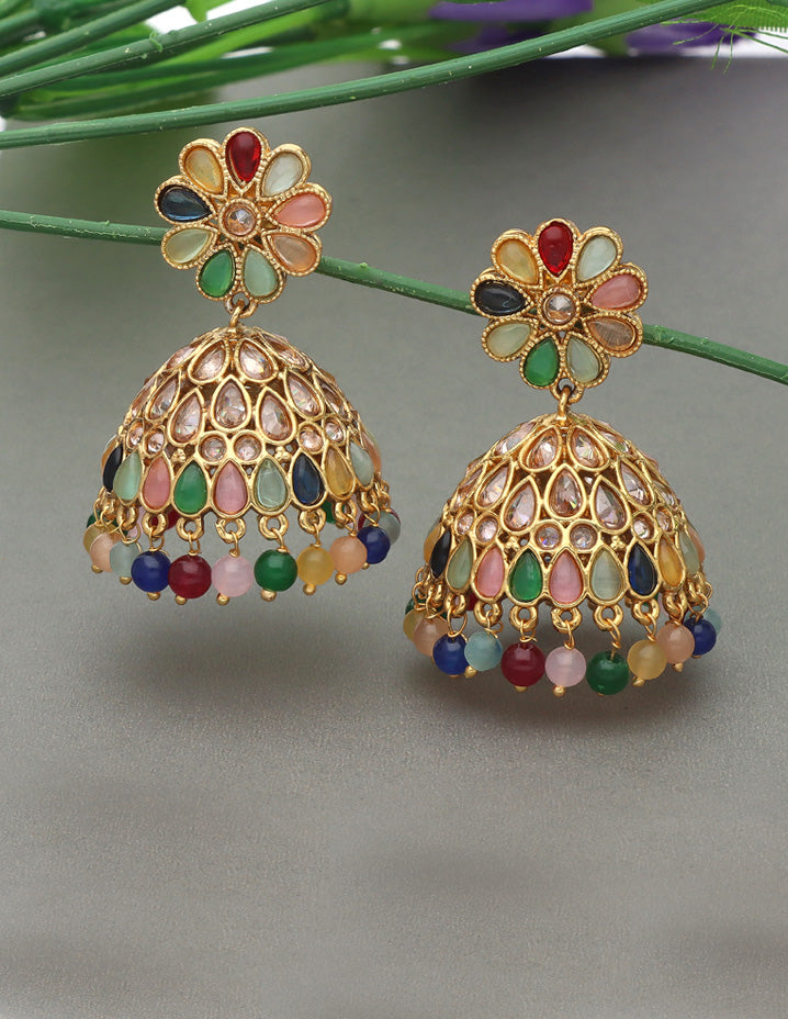 Designer Gold polish Floral Jhumka Earrings