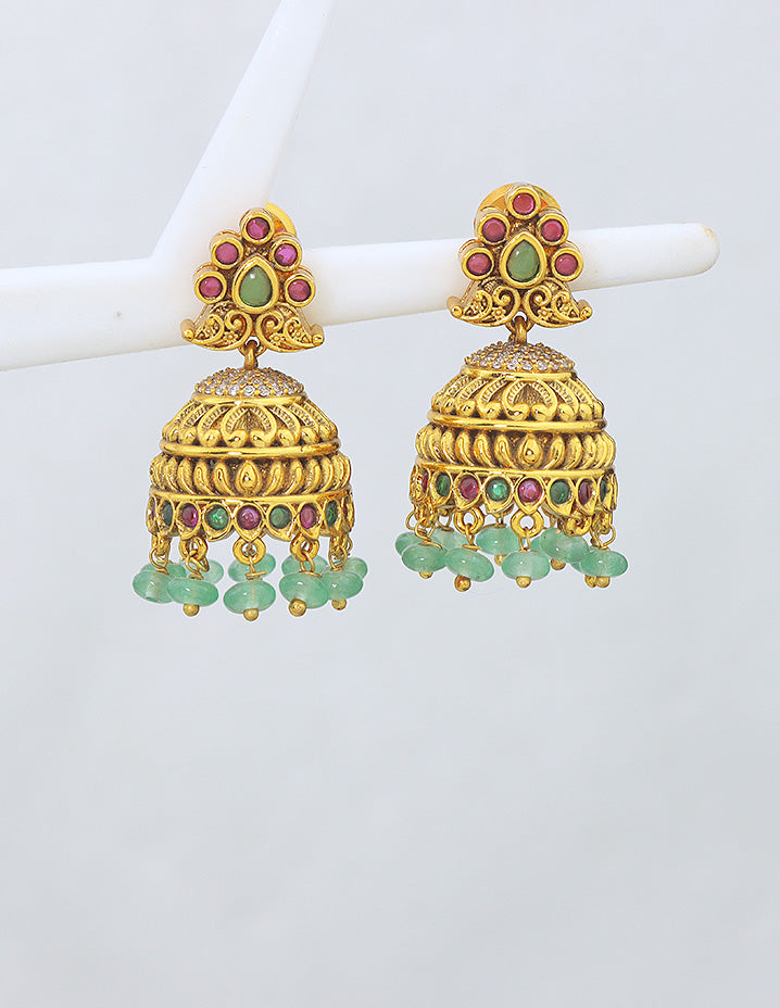 Designer Kempu Ruby and Emerald Jhumka Earrings