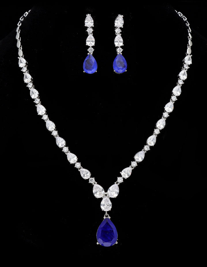 Rhodium Polish Blue Stone Necklace Set