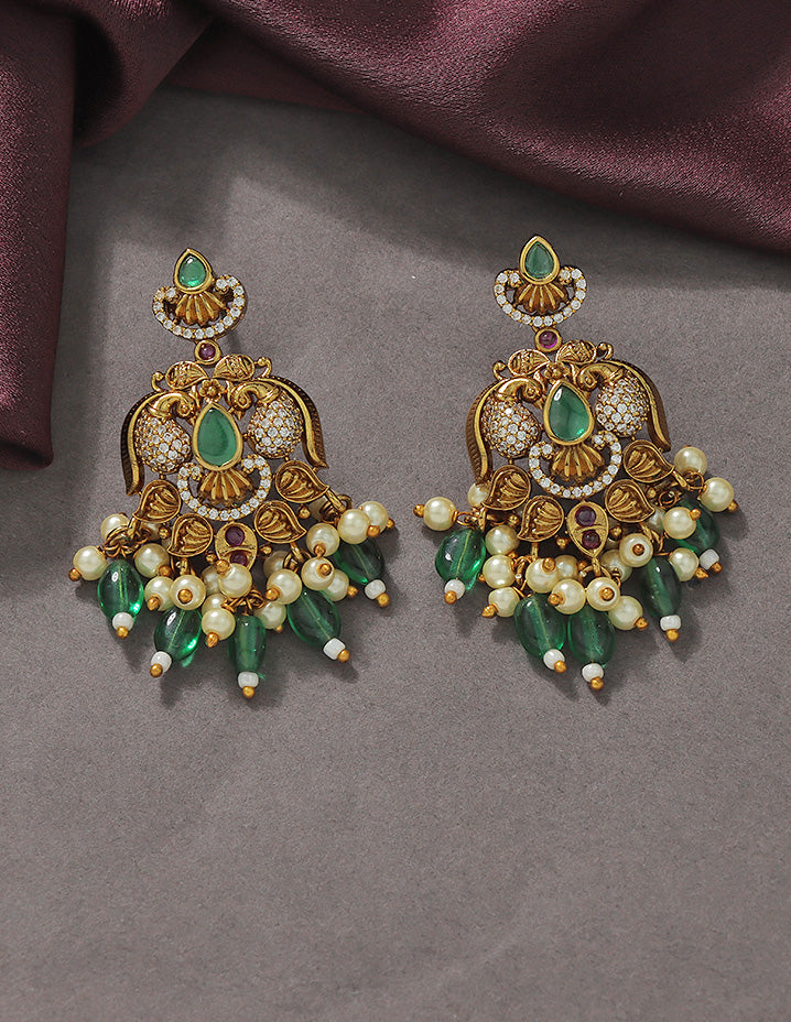 Designer Floral Emerald Matt Kempu Necklace Set