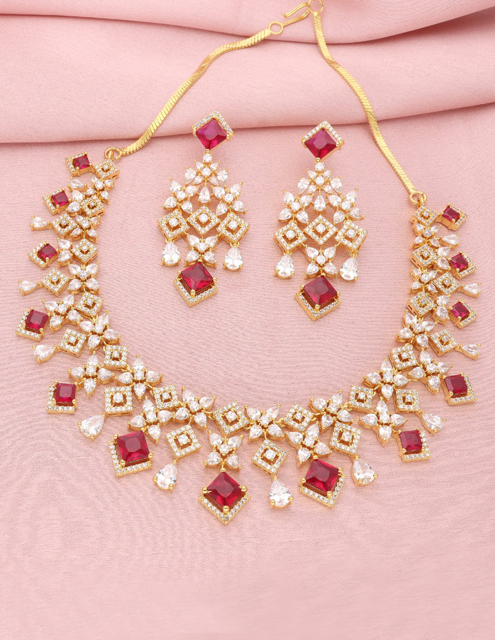 Gold Polish Zirconia Ruby Necklace Set