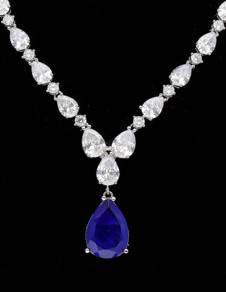 Rhodium Polish Blue Stone Necklace Set