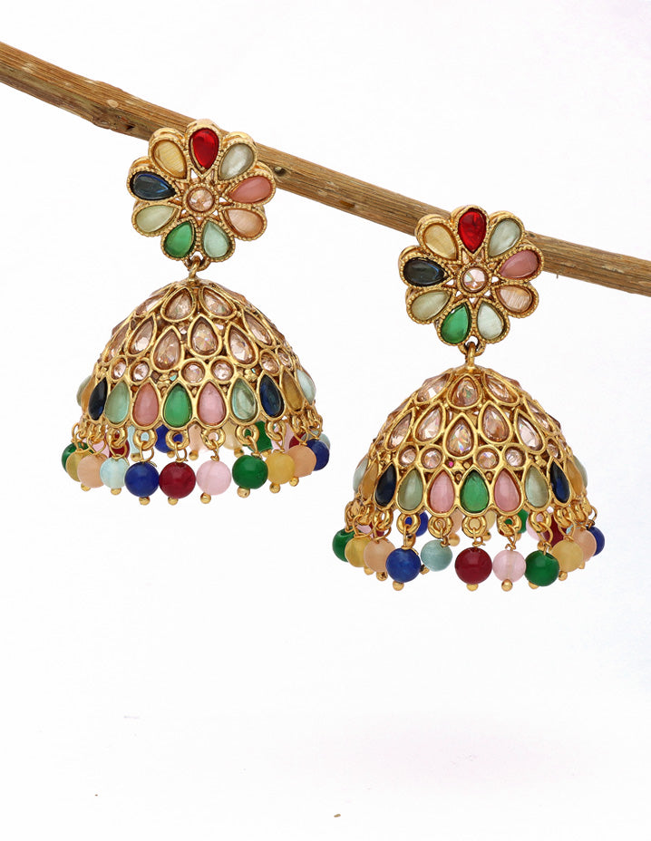 Designer Gold polish Floral Jhumka Earrings