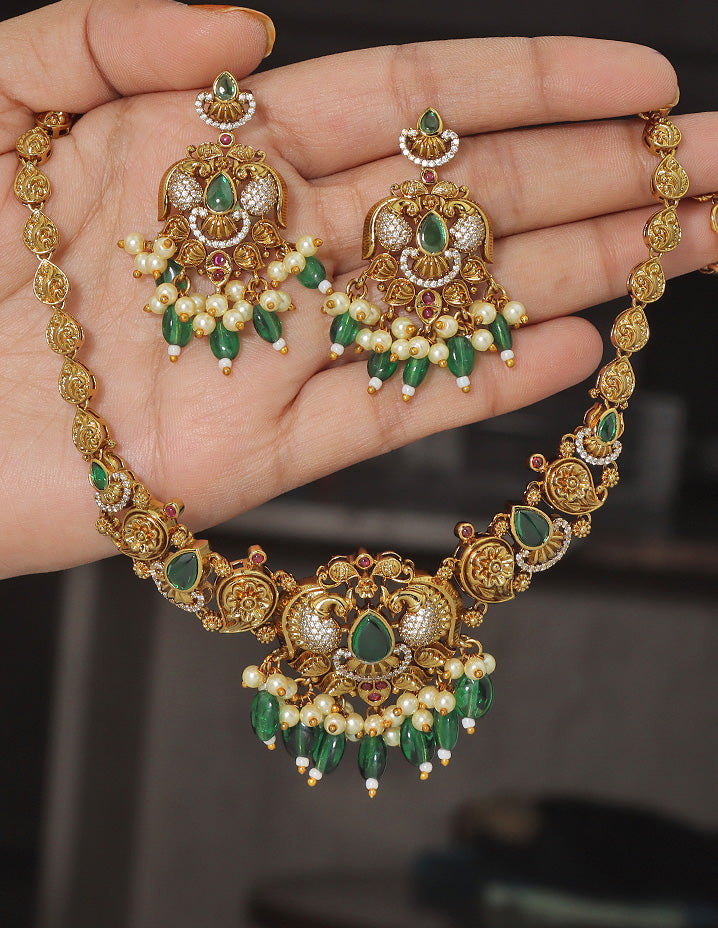 Designer Floral Emerald Matt Kempu Necklace Set