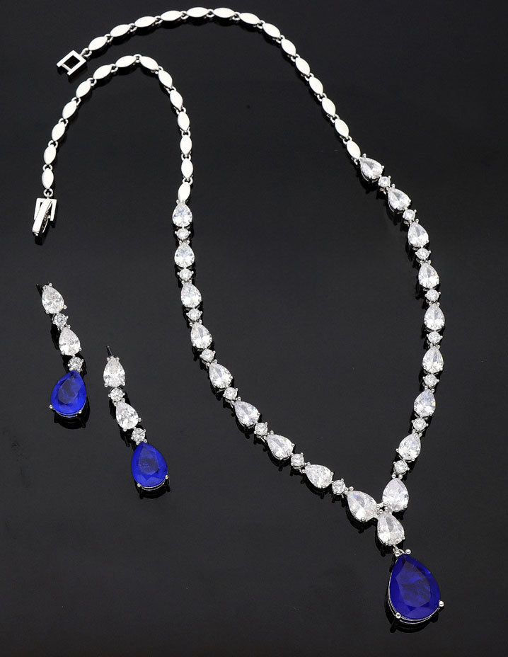 Rhodium Polish Blue Stone Necklace Set